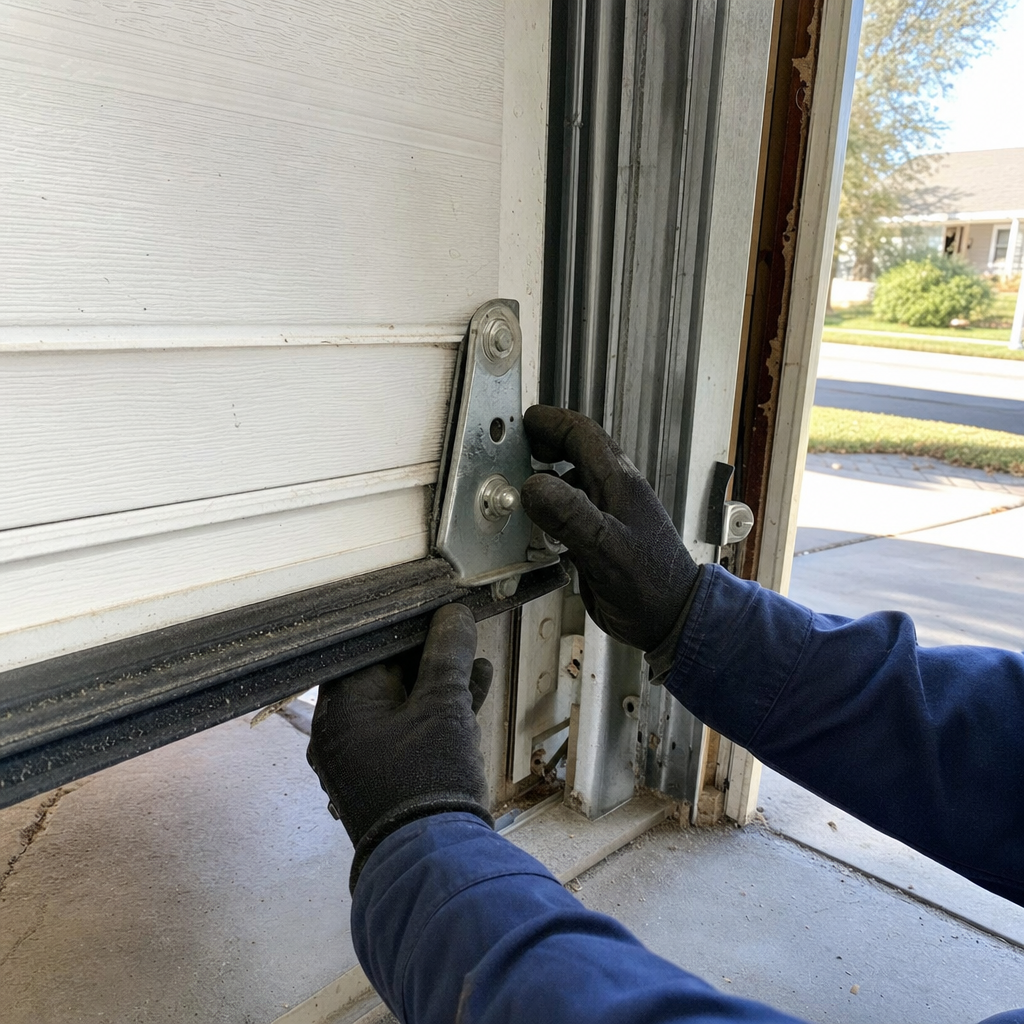 Technician performs emergency garage door service on roller and seal. in Northridge, CA