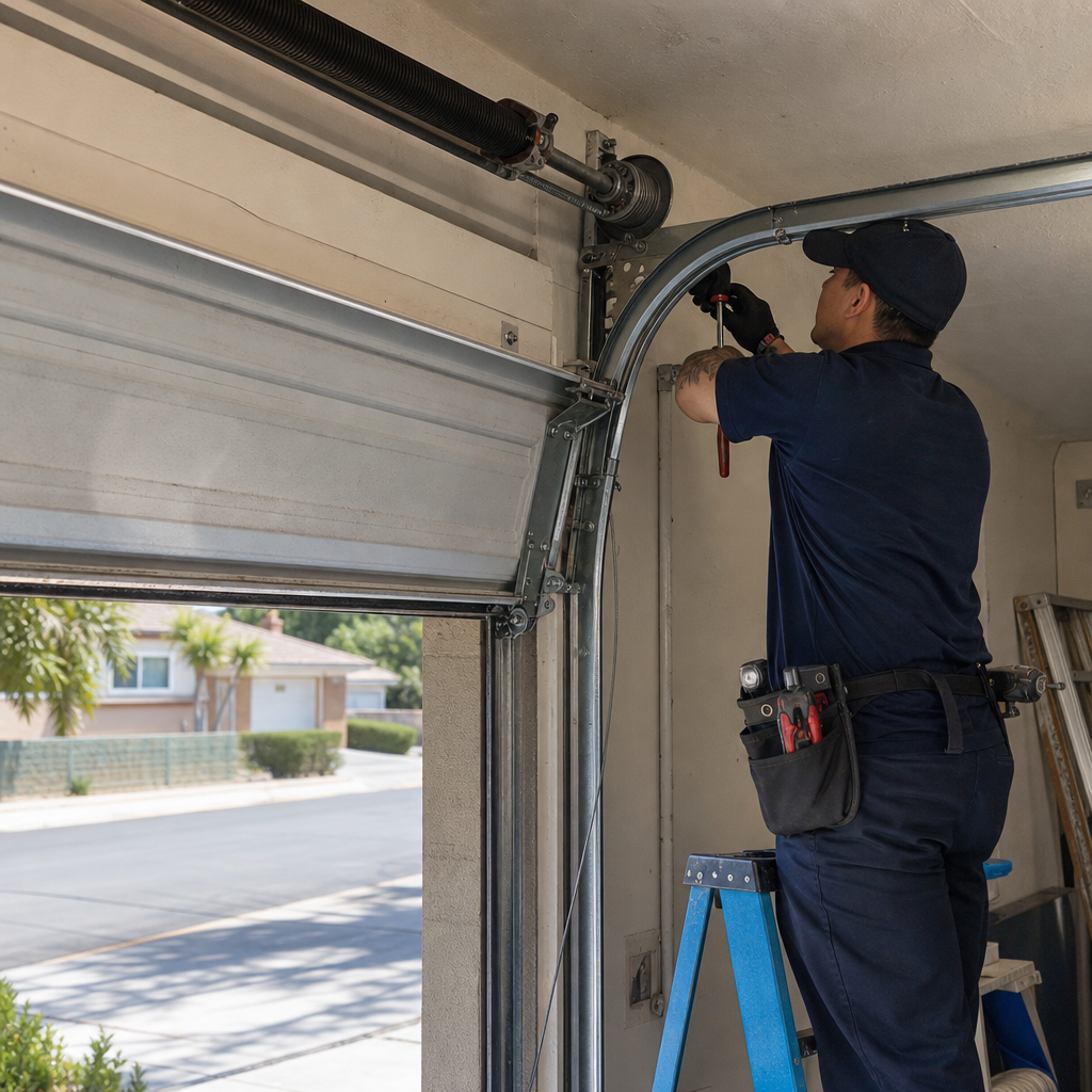 Garage door technician repairs spring on a ladder for emergency service in Northridge, CA